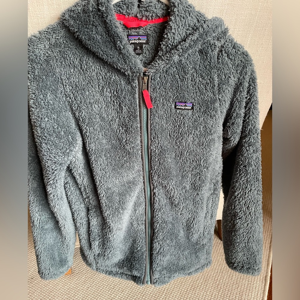 Patagonia XL Girls’ Fleece. A blue-green mixture that looks like gray in pics.